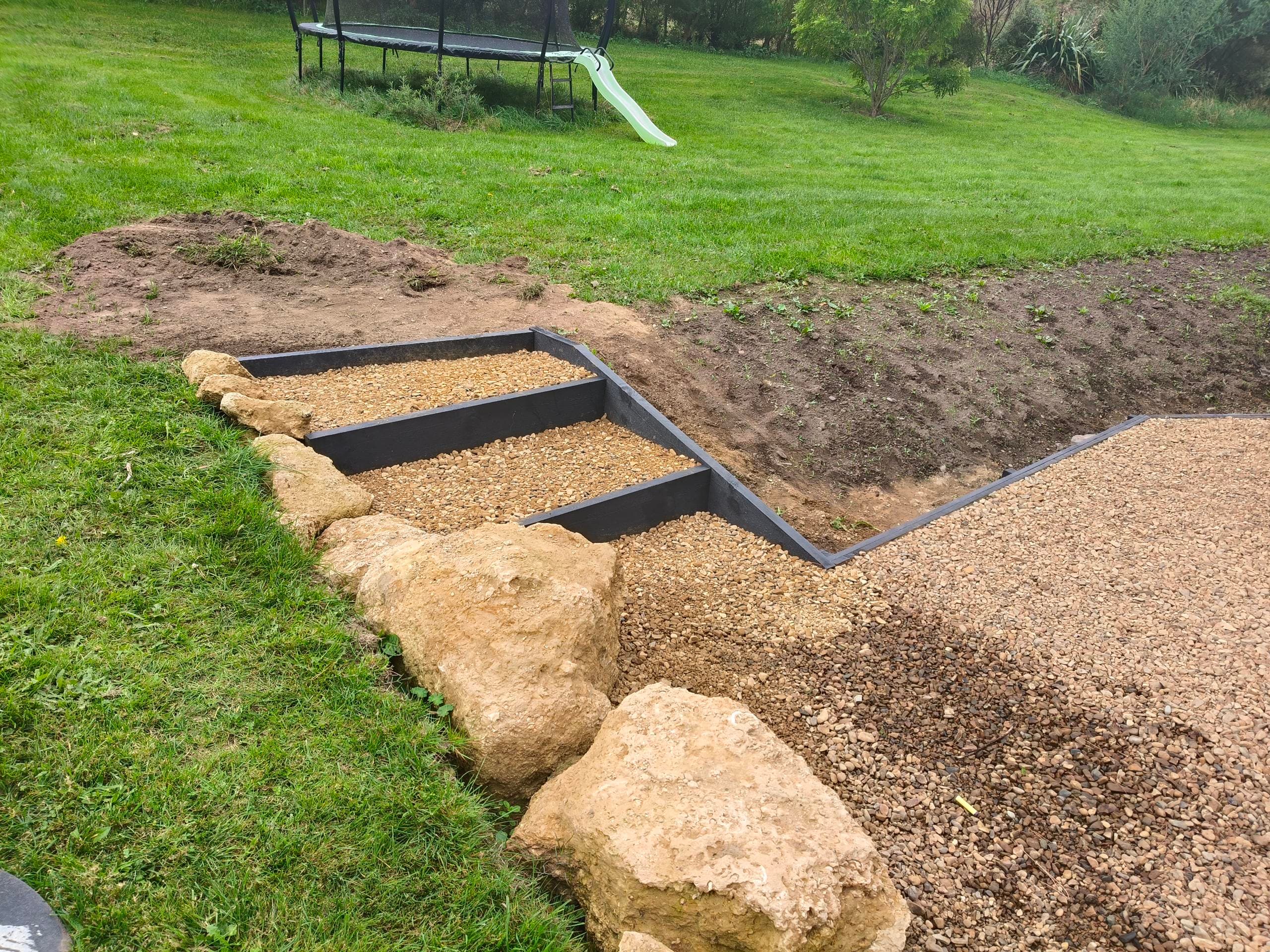 Completed gravel garden steps with natural rock edging