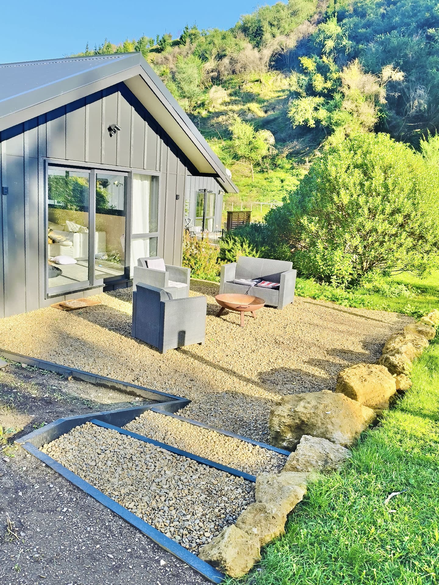 Completed gravel patio with outdoor entertaining area